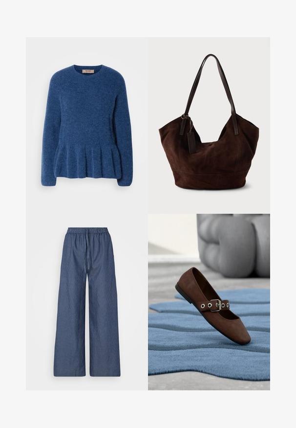 Blauwe gebreide trui met een ronde hals, lange mouwen en een uitlopende zoom. Gemaakt van zachte, gestructureerde stof met een casual ontwerp.; Lichte blauwe en witte gestreepte wijde broek met een drawstring taille en elastische band, gemaakt van een zachte stof en met een relaxte pasvorm.; Bruine suède platte schoen met gespband, rustend op een blauw gestructureerd tapijt met grijskleurig getufte meubels op de achtergrond.; Bruine suède handtas met een zachte, slungelige vorm. Voorzien van leren handvatten en een tagaccent. Eenvoudige textuur met gebogen naden.