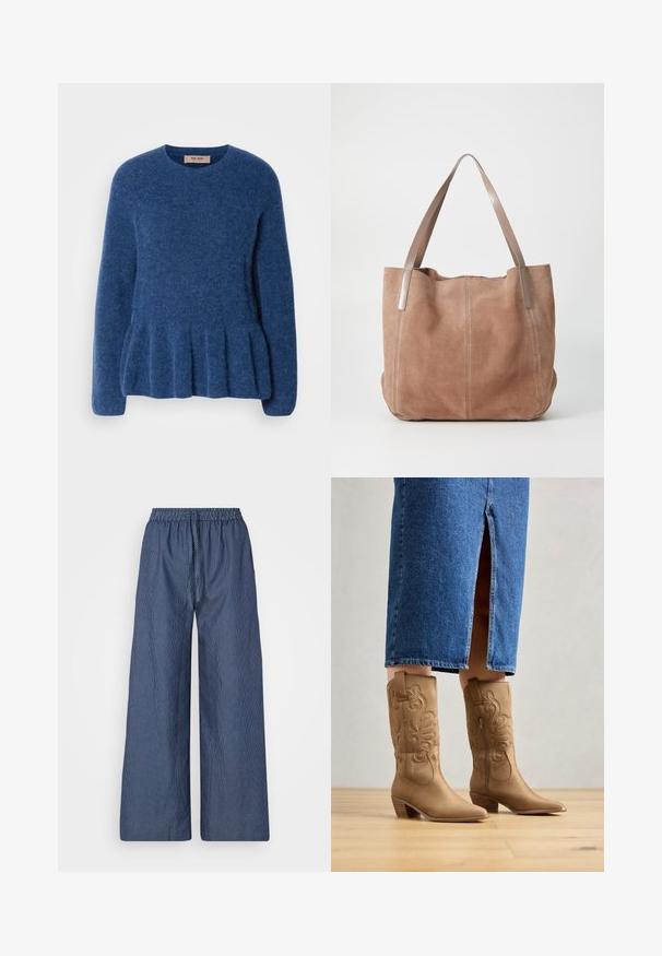 Pull en tricot bleu avec un col rond, des manches longues et un ourlet évasé. Fabriqué en tissu doux et texturé avec un design décontracté.; Pantalons amples légers à rayures bleues et blanches, avec une taille à cordon de serrage et un bandeau élastique, en tissu doux et à coupe décontractée.; Bottes western en cuir marron avec des coutures décoratives, bout pointu et talon empilé. Portées avec une jupe en denim longue jusqu'au genou, mettant en valeur les bottes.; Anna Field by Zalando LEATHER - Cabas - taupe