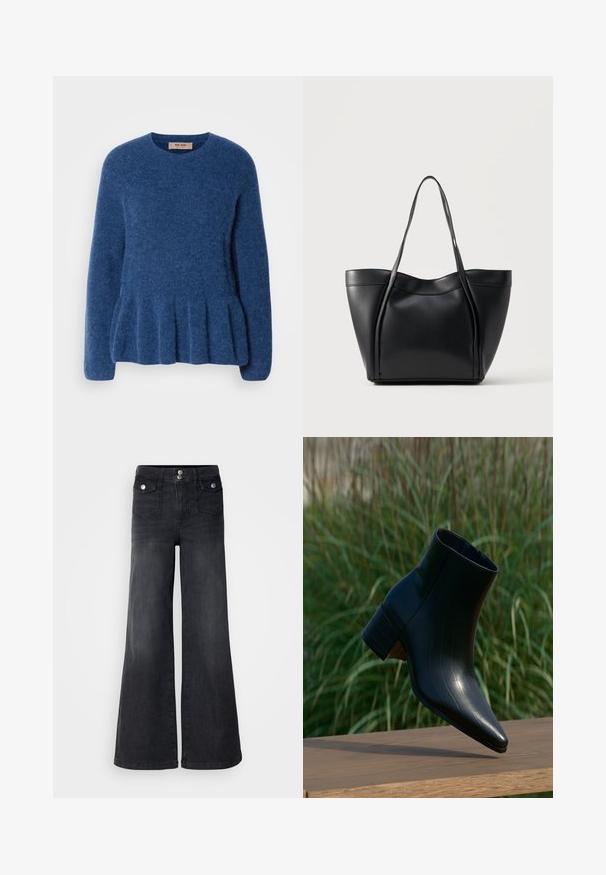 Blauer, gestrickter Pullover mit Rundhalsausschnitt, langen Ärmeln und ausgestelltem Saum. Hergestellt aus weichem, strukturiertem Stoff mit einem lässigen Design.; Schwarze Denim-Jeans mit weitem Bein und hoher Taille, mit vorderen Knöpfen und zwei Vordertaschen; glatte Textur mit leichtem Verwaschungsfinish.; Schwarzer Lederankle-Boot mit spitzer Zehenpartie und Blockabsatz, der auf einer Holzoberfläche ruht, im Hintergrund hohes grünes Gras.; Schwarze Ledertasche mit zwei langen Henkeln und einem leicht gebogenen oberen Rand, vor einem schlichten hellen Hintergrund präsentiert.
