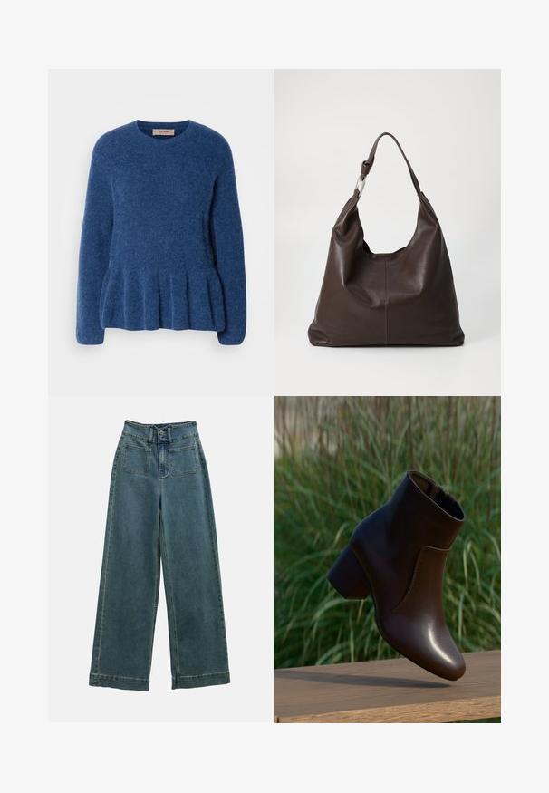 Blauer, gestrickter Pullover mit Rundhalsausschnitt, langen Ärmeln und ausgestelltem Saum. Hergestellt aus weichem, strukturiertem Stoff mit einem lässigen Design.; Weite Jeanshose in verblasstem Blau mit hoher Taille, zwei Fronttaschen und klassischem Knopfverschluss. Der Stoff hat eine weiche, glatte Textur.; Dunkelbrauner Leder-Stiefelette mit Blockabsatz schwebt über einer Holzoberfläche, mit grünem, verschwommenem Gras-Hintergrund.; Zign by Zalando LEATHER - Shopping Bag - chocolate brown