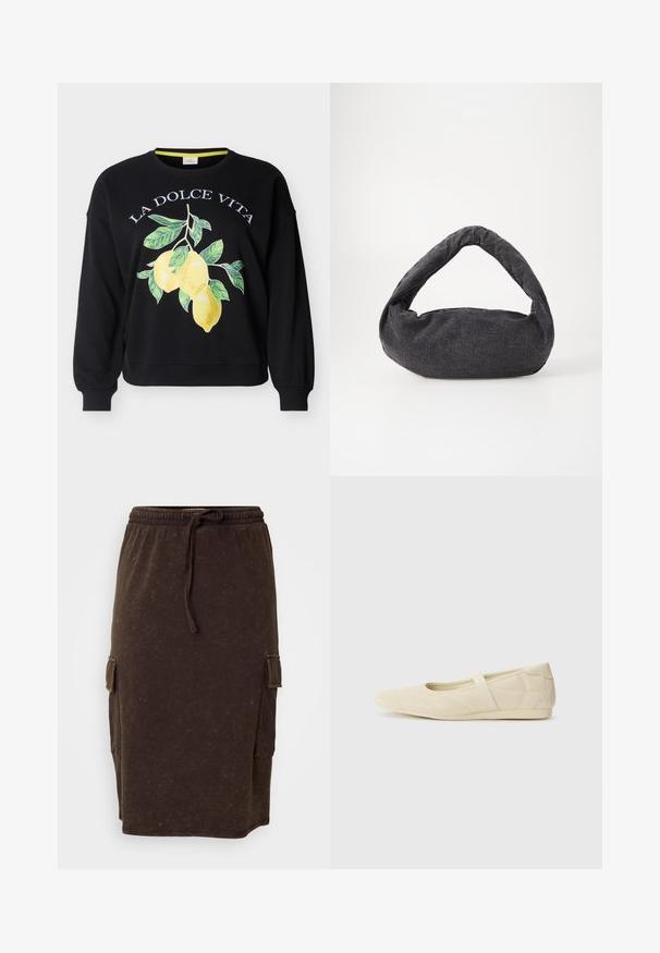Sort crewneck-sweatshirt med teksten "LA DOLCE VITA" og en grafik af tre gule citroner med grønne blade på forsiden.; Brun bomuldsblandings midi-nederdel med elastisk talje og snor. Sidelommer i cargo-stil og en afslappet pasform. Diskret tekstur.; Lysebrune ballet flats med en glat læderoverflade, mandelformet tå og elastisk rem over vristen, med diskrete syninger.; Mørkegrå stofpose med et buet håndtag, blød tekstur og rund form. Ingen synligt hardware eller pynt.
