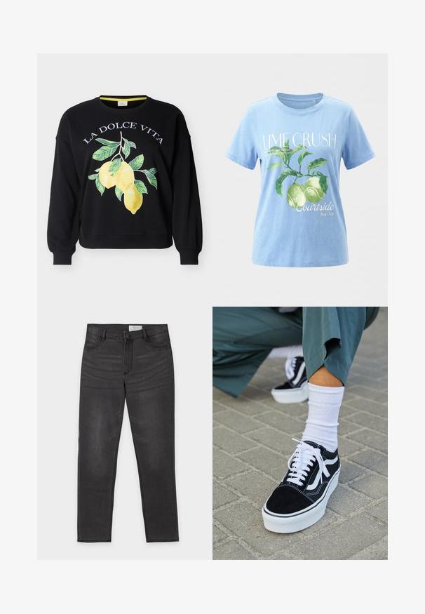 Sort crewneck-sweatshirt med teksten "LA DOLCE VITA" og en grafik af tre gule citroner med grønne blade på forsiden.; Lyseblå t-shirt med grønt mønster af limefrugter og blade, teksten "LIME CRUSH" og mindre tekst om limefrugter og courtside fruit club.; Sort denim med lige ben, knap- og lynlåslukning, for- og baglommer samt diskret falming på lårene, lagt fladt på en hvid baggrund.; Sorte ruskinds sneakers med hvide accenter og snørebånd, der har en tyk hvid sål og kontrasterende syninger, parret med en hvid sok.