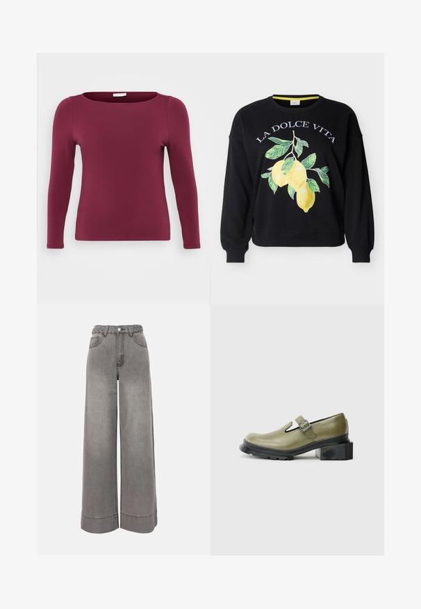 Sort crewneck-sweatshirt med teksten "LA DOLCE VITA" og en grafik af tre gule citroner med grønne blade på forsiden.; Langærmet top i burgunderrød, lavet af blødt, strækbart stof. Har en rund halsudskæring og en tætsiddende silhuet, med en glat, ensartet tekstur.; Grå jeansbukser med høj talje og vid ben, med flettet bælte, forlommer, knaplukning og opsmøgede kanter.; Grøn lædersko med rund tå og udskæring på siden, med en sort klodset hæl og justerbar metal spænde.
