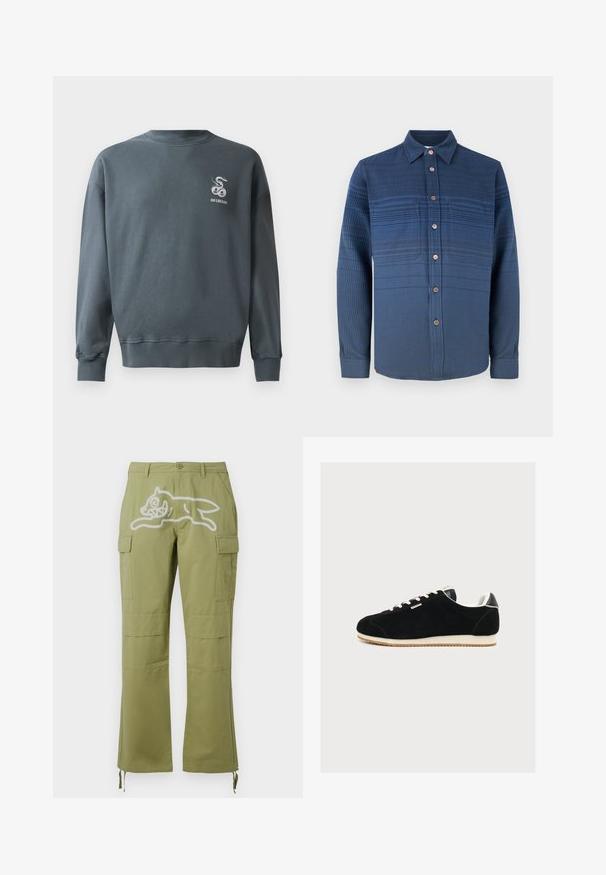 Sweatshirt en coton gris avec un col rond, des poignets côtelés et un petit logo serpent brodé sur le haut à gauche de la poitrine. Texture lisse.; Chemise bleue à manches longues avec boutons, motifs, col et poches poitrine, présentée sur un fond blanc uni.; Icecream RUNNING DOG PANTS - Pantalon cargo - green; Baskets basses noires avec lacets blancs, semelle blanche et petite étiquette latérale sur un fond clair uni.