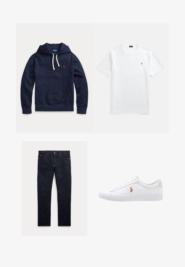 Marineblauer Hoodie aus weichem Baumwollmischgewebe, mit einer Fronttasche, Kapuze mit Kordelzug und einem roten, auf der Brust gestickten Logo.; Weißes Baumwoll-T-Shirt mit Rundhalsausschnitt und kurzen Ärmeln, versehen mit einem kleinen, farbenfrohen Sticklogo auf der linken Brust. Glatte Textur, klassischer Schnitt.; Dunkle Jeans aus Denim mit geradem Schnitt, fünf Taschen, orangefarbener Naht und Knopfleiste. Das Gewebe hat eine glatte Textur.; Weiße Leinensneaker im Low-Top-Design mit einem beigen Ferseneinsatz und einem kleinen gestickten Logo an der Seite. Gummisohle.
