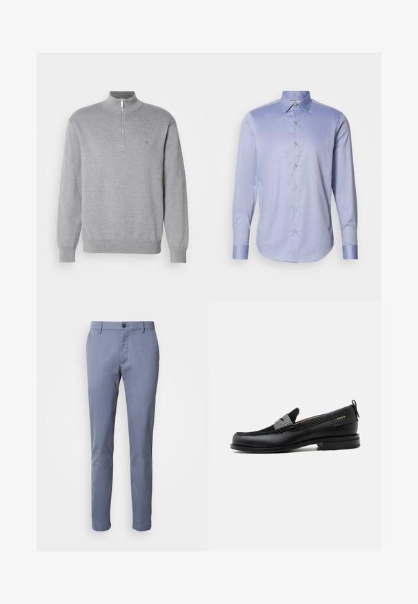 Sweat à zip gris avec un col haut, des manches longues et des poignets côtelés. Tissu tricoté avec une texture subtile et un petit logo sur la poitrine.; Chemise à manches longues bleu clair avec col, boutons à l'avant et manches avec poignets. Motif à carreaux subtil et texture de tissu lisse.; Chinos slim-fit de couleur bleu clair en coton. Dotés d'une fermeture à bouton et de poches latérales, avec une texture lisse et un look ajusté.; Mocassin en cuir noir avec détail de bride grise, talon bas et semelle texturée, marqué "HUGO" en or sur le côté.