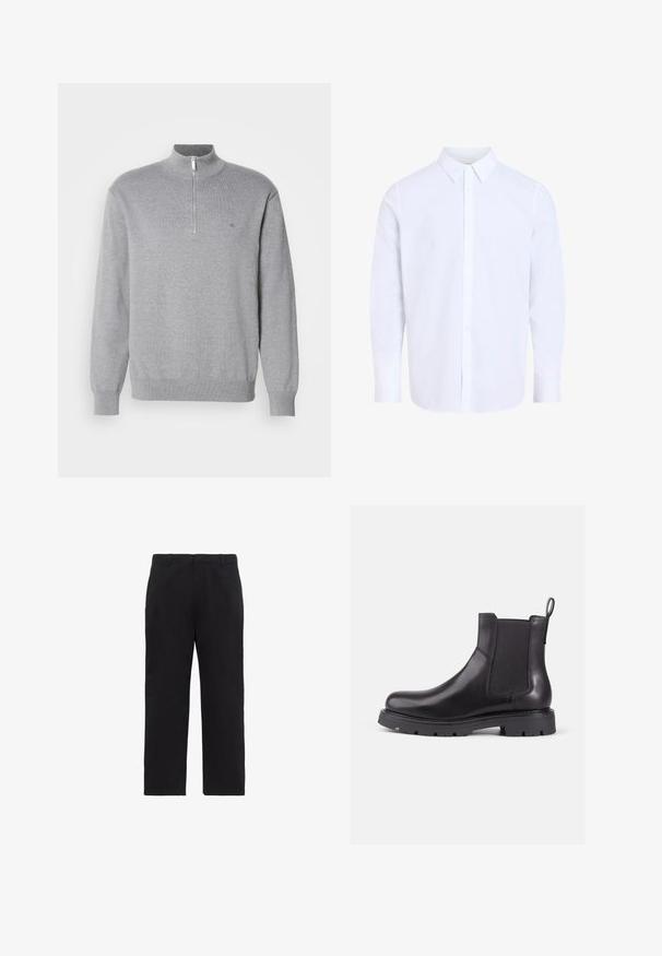 Grijze zip-up sweater met een hoge kraag, lange mouwen en geribde manchetten. Gebreide stof met een subtiele textuur en een klein logo op de borst.; Wit overhemd met lange mouwen en klassieke kraag, gemaakt van gladde stof, voorzien van een knoopsluiting aan de voorkant en een afgeronde zoom.; Zwarte broek met rechte pijpen, lussen voor een riem, een ritssluiting aan de voorkant en zijzakken, weergegeven op een witte achtergrond.; Zwarte leren Chelsea-boots met elastische zijpanelen, ronde neus en gestructureerde rubberen zool. Voorzien van een achterste trekflap voor gemakkelijk aan- en uittrekken.