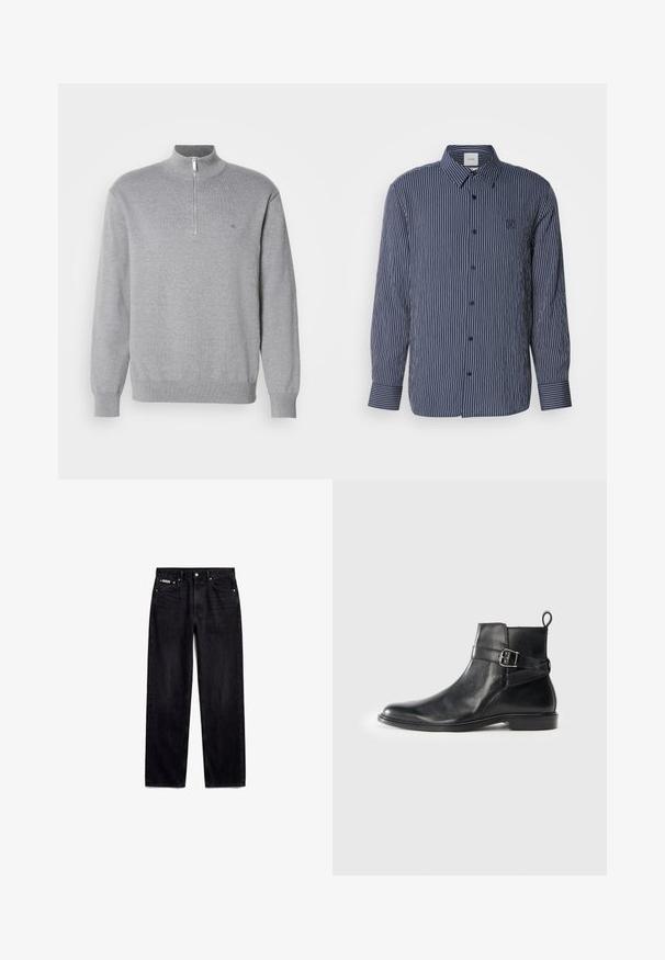 Grå zip-sweater med høj krave, lange ærmer og ribbede manchetter. Strikstof med en subtil tekstur og et lille logo på brystet.; Marineblå skjorte med knapper, hvide lodrette striber, lange ærmer, spids krave og broderet logo på brystet.; Sorte straight leg jeans med fem lommer, metal knap og Calvin Klein label på den lille forreste lomme.; Sorte læder ankelstøvler med rund tå, sidespænde detaljer og en løkkerings på hælen. Flad sål med en subtil glansfinish.