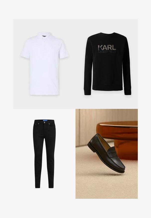 Sudadera negra de manga larga con el logotipo texturizado "KARL LAGERFELD" bordado en el pecho, que presenta un sencillo cuello redondo.; Polo blanca hecha de algodón suave, con un cuello clásico, tapeta de tres botones y un pequeño logo en relieve en el pecho.; Jeans ajustados negros de mezclilla, con un diseño de cinco bolsillos, cierre de botón y etiqueta azul contrastante en la cinturilla.; Zapato mocasín de cuero negro suspendido sobre una alfombra beige con muebles modernos de color ámbar en el fondo.