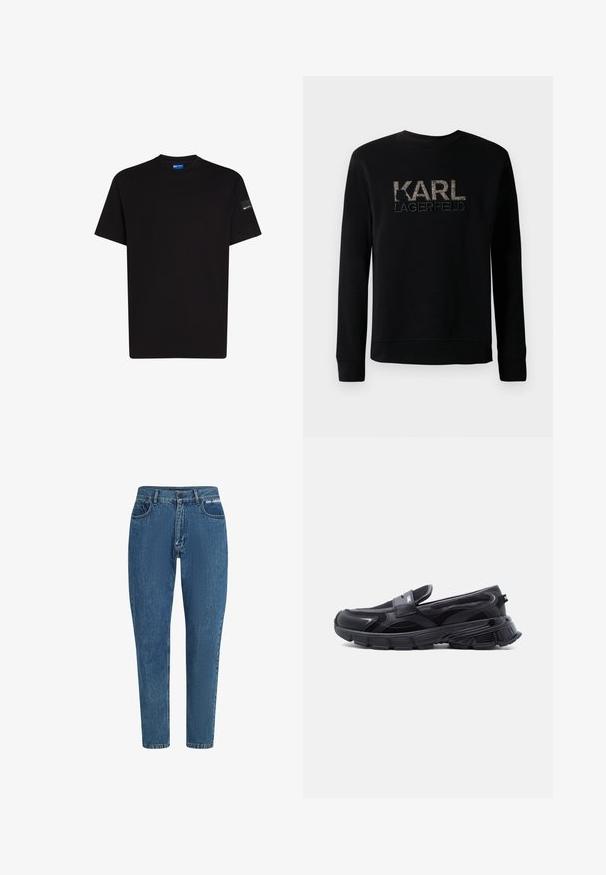 Sort langærmet sweatshirt med tekstureret "KARL LAGERFELD" logo broderet på brystet, med en enkel rund halsudskæring.; Sort bomulds t-shirt med korte ærmer, rund halsudskæring og en lille mærke detalje på venstre ærme. Glat tekstur, standard pasform.; Blå denimjeans med høj talje og lige ben. Funktioner inkluderer klassisk fem-lomme design, bæltestropper og mærke-logo på taljen.; Sort slip-on sneaker med tyk tekstureret sål og meshpaneler, designet til afslappet og atletisk brug.