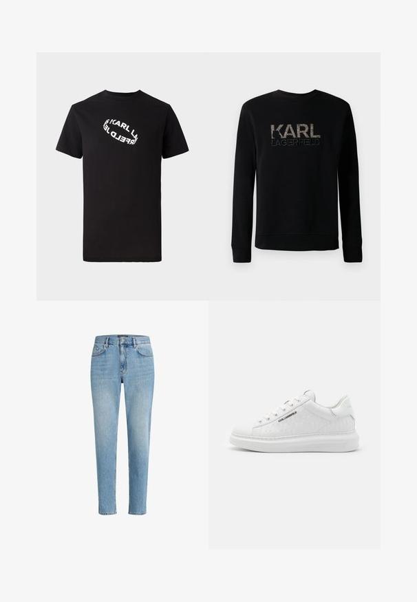 Sudadera negra de manga larga con el logotipo texturizado "KARL LAGERFELD" bordado en el pecho, que presenta un sencillo cuello redondo.; Camiseta de algodón negra con mangas cortas y cuello redondo. Presenta un texto de logo distorsionado en blanco impreso en el frente.; Jeans de mezclilla azul claro con un ajuste relajado, diseño de cinco bolsillos y un ligero desgaste. Presenta una etiqueta de marca cerca de la cintura.; Zapatilla blanca hecha de cuero suave con un patrón en relieve. Presenta punta redonda, cordones en la parte frontal y suela texturizada. Detalle del logo en plata en el lateral.