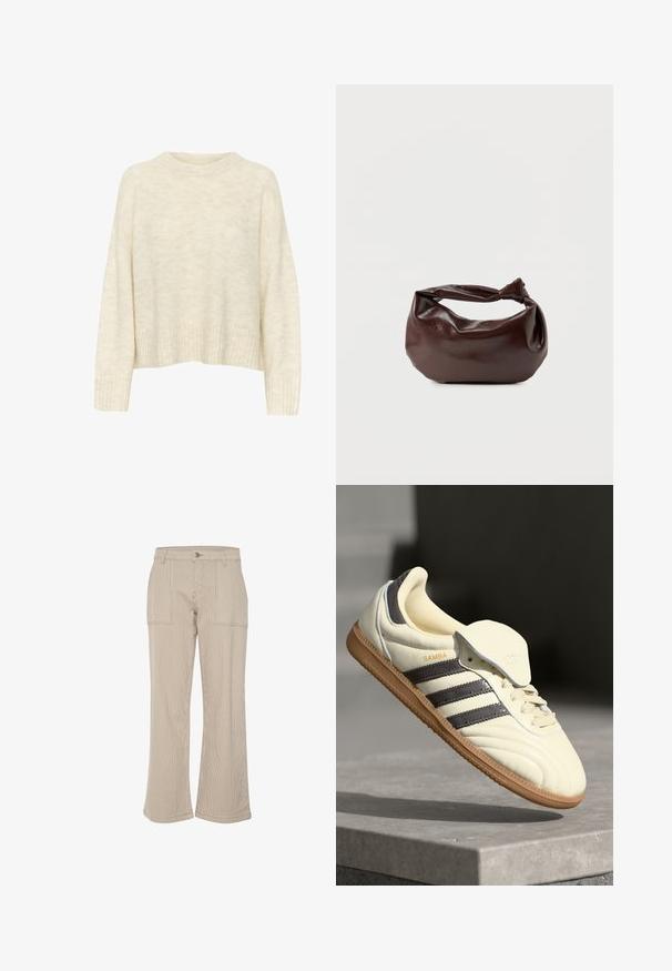 Lys beige sweater lavet af blødt tekstureret stof, med rund udskæring, sænkede skuldre og ribbede manchetter og kantbånd. Kort længde.; Beige kordfløjs bukser med vide ben og lodrette striber, med to forlommer og en enkelt knaplukning. Blød tekstur og afslappet pasform.; Cremefarvede lædersneakers med tre mørke striber, en brun gummisål og en afrundet tå. Har en foldbar tunge mærket "SAMBA."; Mørkebrun læder skuldertaske med en blød, afslappet form og et snoet knudehåndtag på en ensartet hvid baggrund.