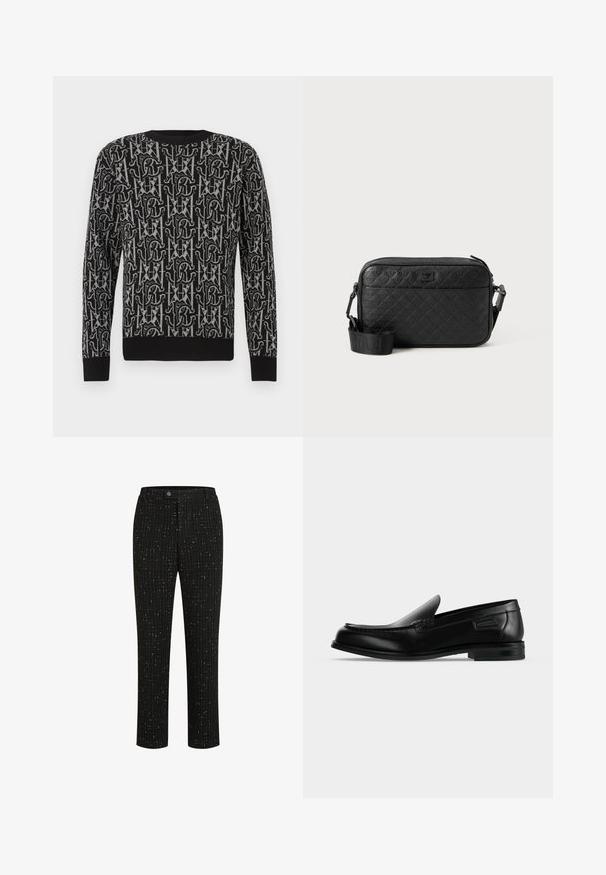 Pull en maille noire avec un motif répétitif gris composé de lettres et de formes, doté d'un col rond et de poignets et ourlet côtelés.; Pantalons noirs ajustés avec un motif texturé de fines lignes verticales blanches, une coupe droite et une fermeture à bouton à la taille.; Mocassin noir en cuir à enfiler avec un petit talon, un bout arrondi et des surpiqûres décoratives le long du bord supérieur.; Sac bandoulière noir texturé avec motif géométrique en relief et bandoulière réglable avec logo de la marque.