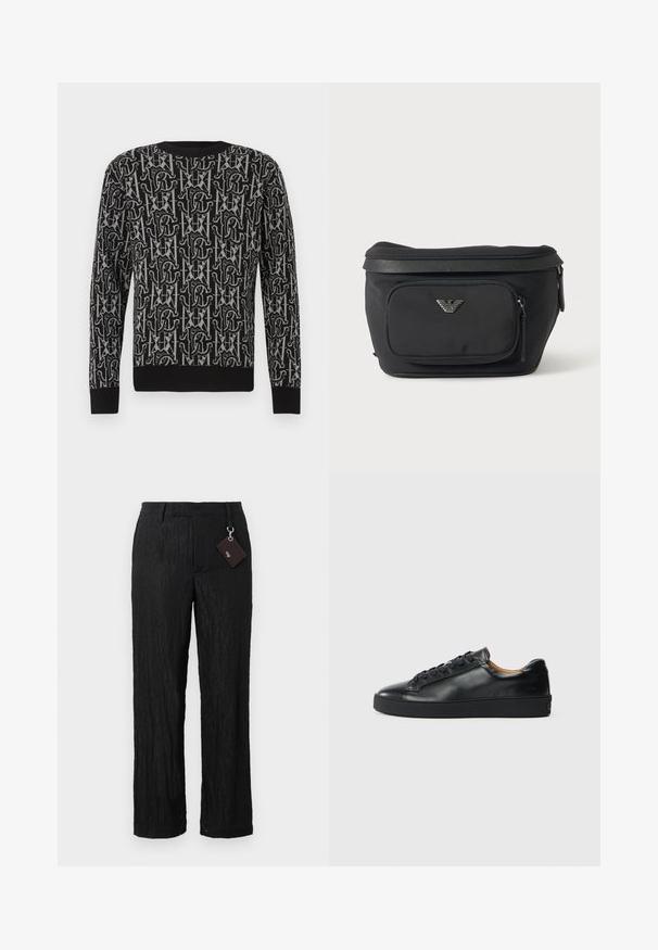 Pull en maille noire avec un motif répétitif gris composé de lettres et de formes, doté d'un col rond et de poignets et ourlet côtelés.; Pantalons larges en noir texturé, avec une finition lisse et des coutures visibles ; comprend une étiquette attachée par une boucle en métal argenté.; Baskets en cuir noir avec une texture lisse, bout rond et fermeture à lacets. Comprend une semelle en caoutchouc épaisse et un minimum de détails de marque.; Sac banane noir avec poche avant zippée et logo aigle argenté, tissu lisse avec bordure texturée et tirettes de fermeture éclair.