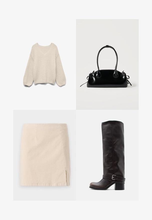 Striktrøje i cremefarve med V-hals, lange ballonærmer samt ribkant forneden og ved ærmerne, vist på en hvid baggrund.; Beige corduroy miniskirt med lodret ribbet tekstur, med en sideslids for ekstra detaljer. Kantene er lige og ensartet syet.; Mørkebrun læderstøvle til knæet med rund tå, lav blokhæle og dekorativ rem med sølvspænde ved anklen.; Lille sort blank håndtaske med to lange håndtag og snøre-detaljer i siden på en ensfarvet lys baggrund.