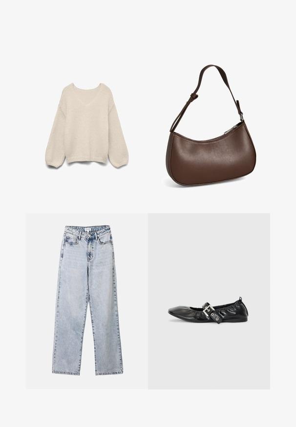 Cremefarbener, gestrickter Pullover mit V-Ausschnitt, langen Puffärmeln und geripptem Saum und Bündchen, auf weißem Hintergrund dargestellt.; Helle blaue Straight-Leg-Jeans aus Denim, ausgestattet mit zwei vorderen Taschen, einem Knopfverschluss und kontrastierenden Nähten entlang der Säume.; Schwarze Leder-Ballerinas mit spitzem Zehenbereich, gerafften Details am Schaft und einem silbernen Schnallenakzent am verstellbaren Riemen.; Kleine braune Lederschultertasche mit verstellbarem Riemen und Reißverschluss, vor weißem Hintergrund. Kein sichtbares Branding oder Verzierung.