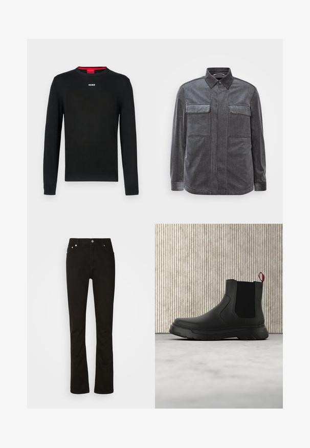 Zwarte trui met lange mouwen, ronde hals, geribbelde boorden aan mouwen en zoom. Voorzien van een klein wit "HUGO"-logo in het midden van de borst.; Zwart en grijs gestreepte corduroy overhemden met een kenthekraag, twee borstzakken en lange mouwen. Getextureerde stof met een gladde afwerking.; Zwarte denim jeans met een recht model, voorzien van voorzakken, een rits en zilveren hardware accenten. Soepele textuur, zonder patronen.; Zwarte enkelboot met een gladde afwerking, elastische zijpanelen en een contrasterende rode treklus, met een dikke rubberen zool en een afgeronde teen.