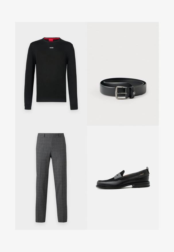 Sort langærmet sweater med rund halsudskæring, ribbede manchetter og kant. Har en lille hvid "HUGO"-logo midt på brystet.; Gråternet bukser med en skræddersyet pasform, der har en glat tekstur, lige ben og subtile sydetaljer.; Sort læderloafer med grå remdetalje, lav hæl og tekstureret sål, mærket med "HUGO" i guld på siden.; Sort læderbælte med en skinnende sølvfarvet metalspænde, glat tekstur og syninger langs kanterne. Har en løkke til at sikre bæltets ende.