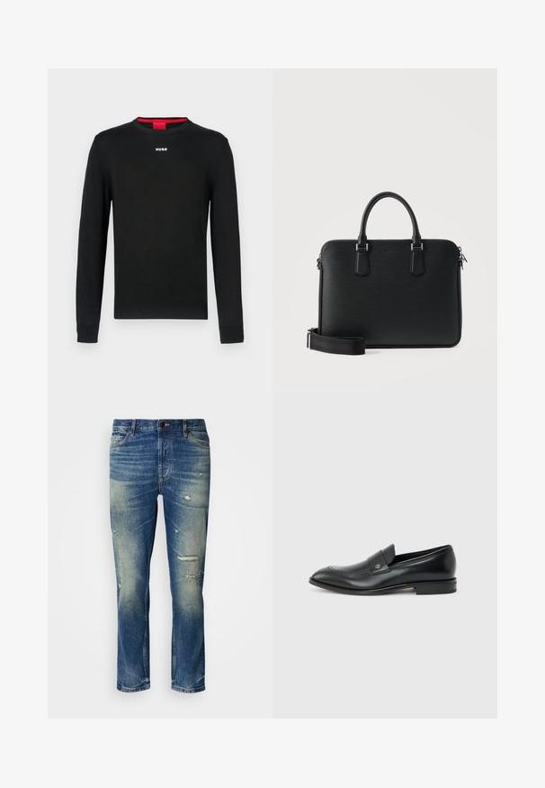 Pull noir à manches longues avec encolure ronde, poignets et ourlet côtelés. Comprend un petit logo blanc "HUGO" centré sur la poitrine.; Jean en denim bleu clair avec une coupe décontractée, présentant des détails déchirés, des patches décolorés et une fermeture classique à boutons et à zip.; Mocassin pour hommes en cuir noir avec talon bas, bout arrondi et petit logo métallique sur la bride, présenté en profil latéral sur un fond uni.; Mallette en cuir noir avec double poignée, bandoulière amovible et fermeture éclair sur le dessus, sur un fond clair uni.