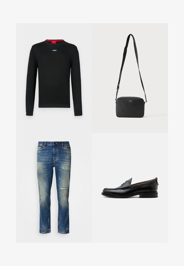 Sort langærmet sweater med rund halsudskæring, ribbede manchetter og kant. Har en lille hvid "HUGO"-logo midt på brystet.; Lysblå denim jeans med en afslappet pasform, der har slidte detaljer, falmede lapper og en klassisk lukning med knap og lynlås.; Sort læder herre loafer med moc-tå syning, penny strop, struktureret krave og lav stablet hæl på hvid baggrund.; Sort rektangulær crossbody taske med justerbar rem og BOSS-logo foran, sat mod en ensfarvet lys baggrund.