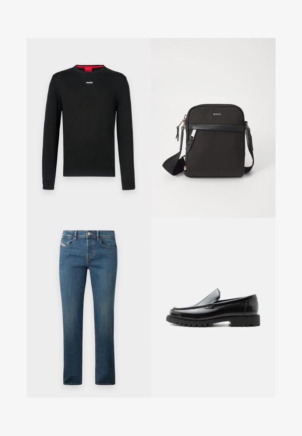 Suéter negro de manga larga con escote redondo, puños y dobladillo acanalados. Presenta un pequeño logo blanco "HUGO" centrado en el pecho.; Jeans de mezclilla azul oscuro con un diseño de pierna recta, estilo de cinco bolsillos y un ligero desgaste. Presenta un botón de metal y trabillas para el cinturón.; Mocasín de cuero negro con suela de goma gruesa, empeine cosido y nombre de la marca en relieve en el talón, mostrado en perfil lateral sobre fondo blanco.; Bolso bandolero negro con un tejido texturizado, logo en la parte frontal, cierre de cremallera y correa ajustable. Presenta un ribete de cuero suave.