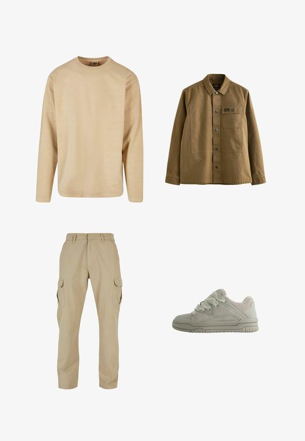 Beige langærmet t-shirt i blødt stof med rund hals, afslappet pasform og minimale sømme for et rent design.; Brun canvasjakke med krave, frontlukning med knapper, to brystlommer og struktureret stof. Militær-inspireret design.; Beige cargo bukser lavet af bomulds twill, med flere sidelommer, lige ben design og lynlås med bæltestropper.; Lav-snit grå sneaker med tykke teksturerede snørebånd, polstret krave, syninger i panelerne og en rilled gummisål for greb.