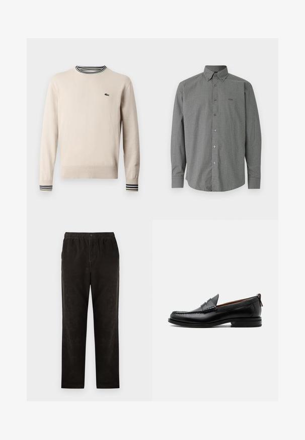 Suéter beige hecho de tejido de punto, con un escote redondo, puños acanalados con rayas negras y verdes, y un pequeño logo en el pecho.; Camisa gris de manga larga con botones, con un fino patrón de cuadrícula blanca y cuello, que presenta el logo de BOSS bordado en el pecho izquierdo.; Pantalones de pana negra con un diseño de pierna recta, que presentan una cintura elástica y un cierre de un solo botón. Textura suave, detalles mínimos.; Mocasín de hombre de piel negra con costura moc toe, tira penny, cuello texturizado y tacón bajo apilado sobre fondo blanco.