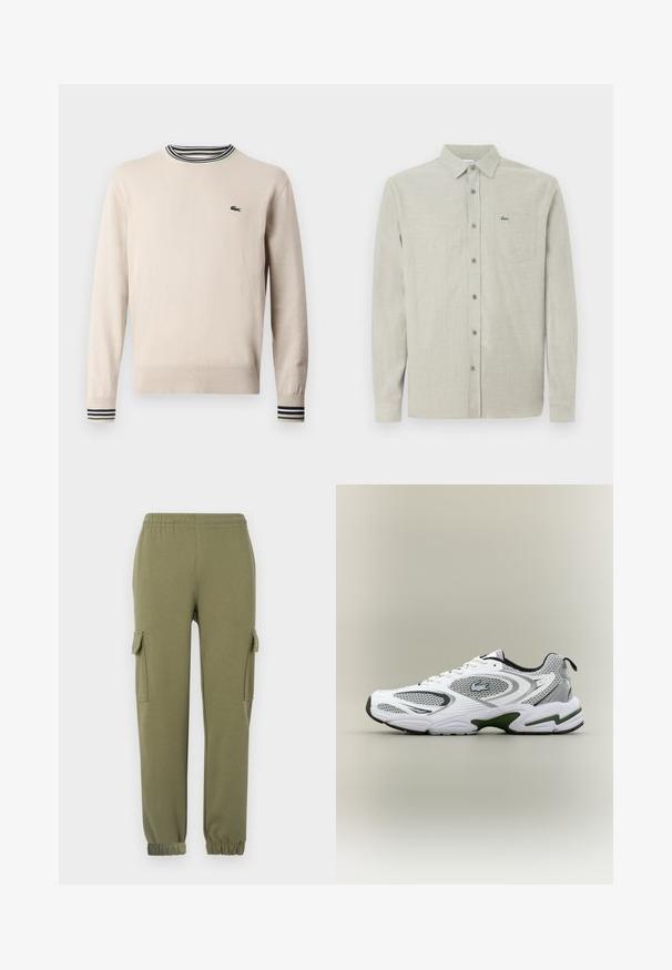 Suéter beige hecho de tejido de punto, con un escote redondo, puños acanalados con rayas negras y verdes, y un pequeño logo en el pecho.; Camisa de manga larga color beige claro, con botón y cuello, bolsillo en el pecho que presenta un pequeño logo de cocodrilo verde.; Pantalones cargo de tela liviana en color verde oliva, con bolsillos laterales, cintura elástica y puños ajustados para un ajuste ceñido.; Zapatilla deportiva de running en blanco y gris, con paneles de malla, acentos verdes, detalles en negro y un logo en el costado, vista desde el lado exterior.