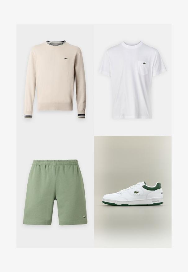 Beige trui van gebreide stof, met een ronde halslijn, geribbelde manchetten met zwarte en groene strepen, en een klein logo op de borst.; Witte katoenen t-shirt met een ronde halslijn en korte mouwen. Beschikt over een linkerkant borstzakje en een klein groen Lacoste-logo.; Groene katoenen shorts met een elastische tailleband, ontspannen pasvorm en een klein geborduurd logo aan de onderkant aan de linkerzijde. Gladde textuur, geen zakken.; Witte sneaker met groene accenten, bovenwerk van glad leer, ronde neus, perforaties op de vamp en subtiele logo's aan de zijkant en achterkant.