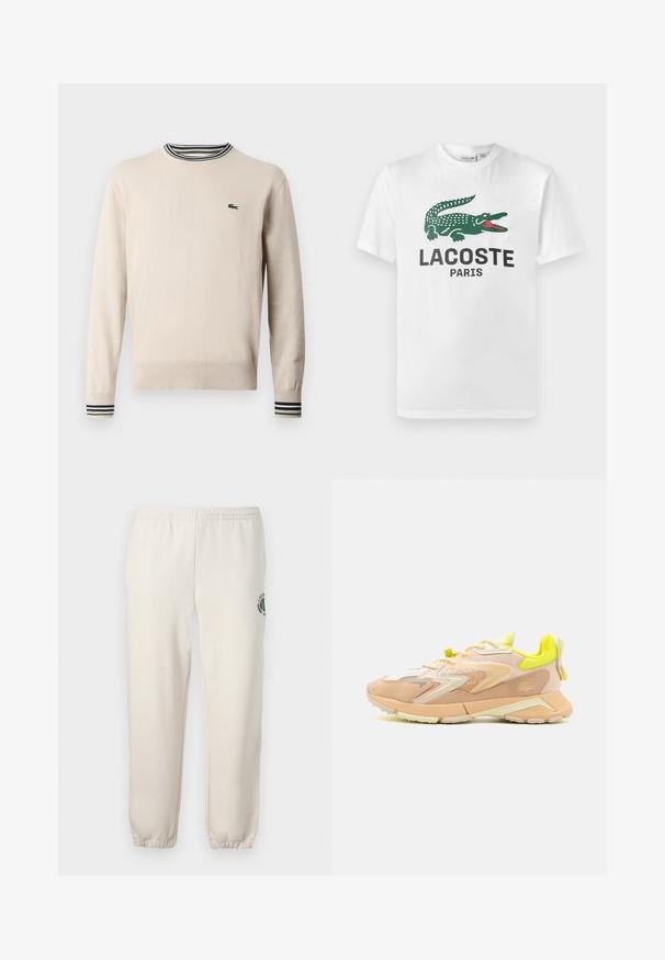 Beige Pullover aus Strickstoff, mit rundem Halsauschnitt, gerippten Bündchen mit schwarzen und grünen Streifen und kleinem Logo auf der Brust.; Lacoste T-Shirt print - white; Helle beige Sweatpants aus Baumwolle mit einem elastischen Bund, gerippten Bündchen und einem grünen Logo mit Blattdesign am linken Bein.; Sneaker mit einer leichten Oberseite aus Pfirsich- und Creme-Mesh, neon-gelben Akzenten, strukturiertem Wildleder und einer gepolsterten Sohle.