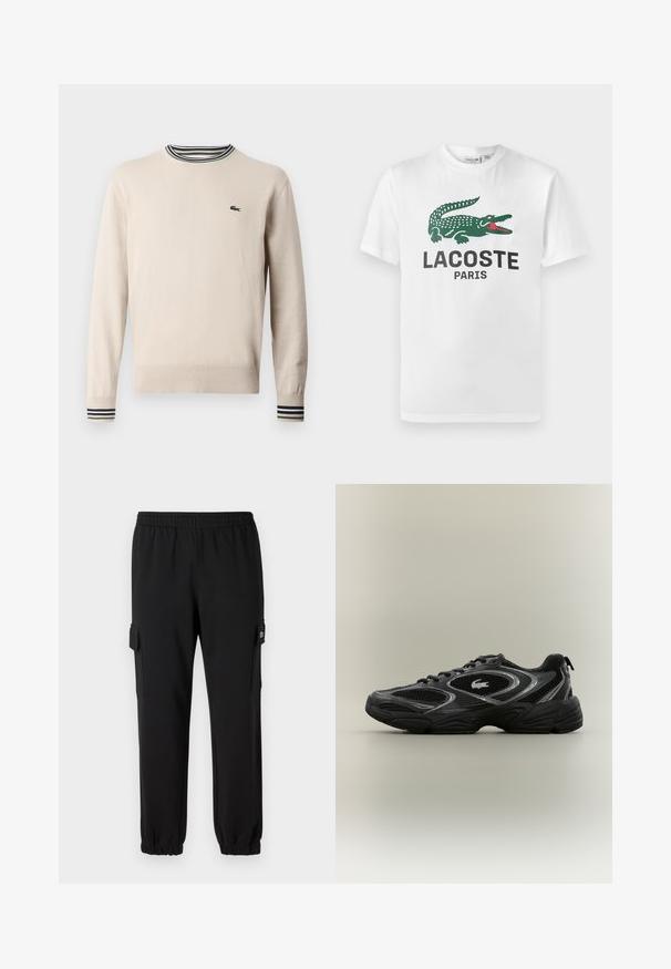 Beige Pullover aus Strickstoff, mit rundem Halsauschnitt, gerippten Bündchen mit schwarzen und grünen Streifen und kleinem Logo auf der Brust.; Lacoste T-Shirt print - white; Schwarze Sweatpants mit einem elastischen Bund, schmal zulaufenden Bündchen und seitlichen Cargo-Taschen. Hergestellt aus weichem Material mit einer glatten Textur.; Schwarzer und grauer Sportschuh mit Netzpaneelen, Schnürdesign, dicker Sohle und einem kleinen Krokodil-Logo an der Seite.