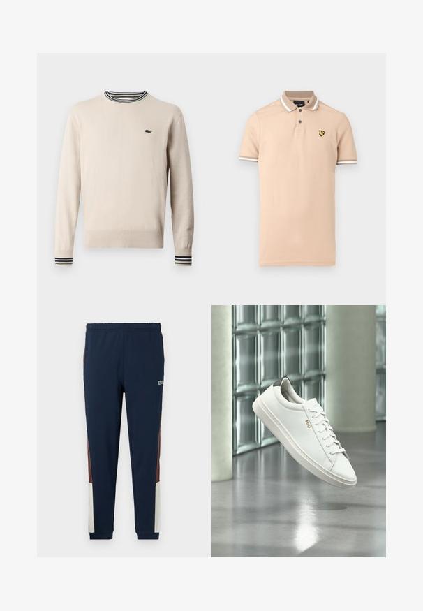Suéter beige hecho de tejido de punto, con un escote redondo, puños acanalados con rayas negras y verdes, y un pequeño logo en el pecho.; Polo beige hecho de algodón, con una tapeta de dos botones, detalles de rayas blancas en el cuello y las mangas, y un logo amarillo en el pecho.; Pantalones de chándal navy fabricados con un tejido suave, con paneles laterales en marrón y crema, cinturilla elástica y un pequeño logo en la parte frontal.; Zapatilla deportiva de piel blanca de corte bajo con cordones, lengüeta negra en el talón y logo "BOSS", flotando en interiores cerca de una pared de bloques de vidrio y suelo pulido.