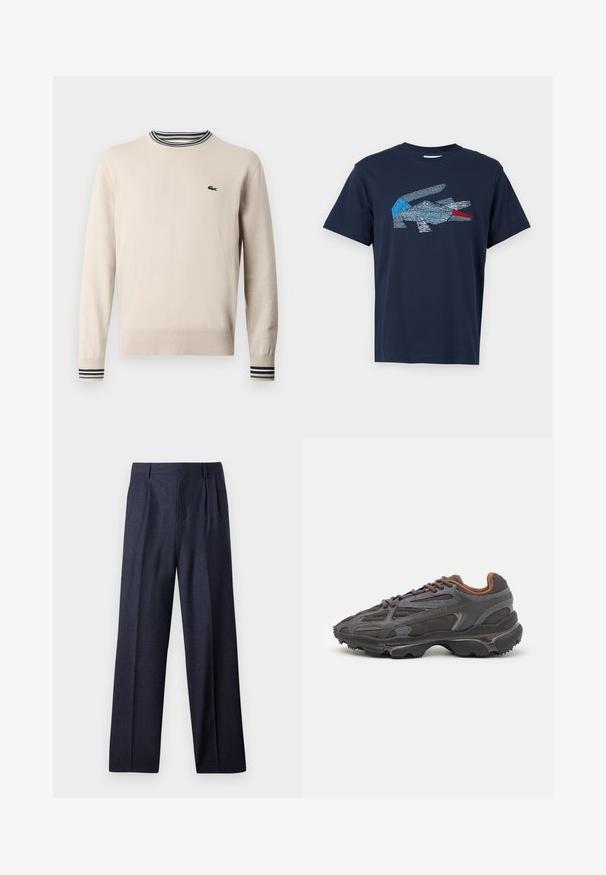 Beige Pullover aus Strickstoff, mit rundem Halsauschnitt, gerippten Bündchen mit schwarzen und grünen Streifen und kleinem Logo auf der Brust.; Lacoste T-Shirt print - dark blue; Marineblaue Wollhose mit maßgeschneiderter Passform, ausgestattet mit gefaltetem Vorderteil und weit geschnittenen Beinen. Glatte Textur und klare Linien, geeignet für formelle Anlässe.; Lacoste Sneaker in Dunkelgrau aus Mesh und Synthetikmaterial, mit einer strukturierten Sohle und braunen Akzenten am Kragen und Logo.