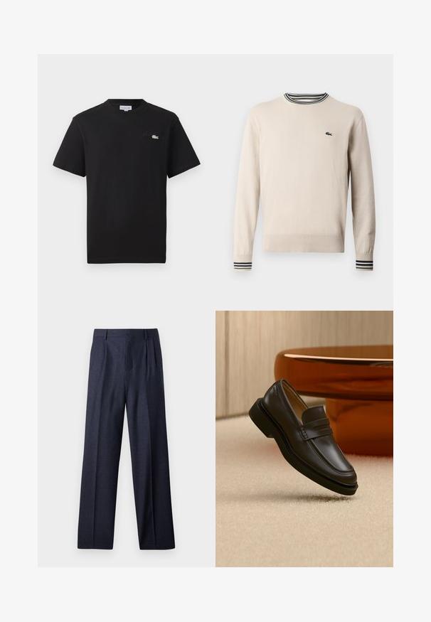 Beige sweater lavet af strikket stof, med rund halsudskæring, ribbede ærmer med sorte og grønne striber, og et lille logo på brystet.; Sort bomuld t-shirt med rund hals. Har et lille broderet Lacoste-logo i grøn og hvid på brystet. Korte ærmer, almindelig pasform.; Marineblå uldbukser med en skræddersyet pasform, der har plisseret foran og brede ben. Glat tekstur og rene linjer, velegnet til formelle anledninger.; Sort læderloafer, der svæver over et beige tæppe med brunt afrundet møbel i baggrunden.