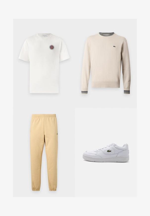 Pull beige en tissu tricoté, avec un col rond, des poignets côtelés ornés de rayures noires et vertes, et un petit logo sur la poitrine.; T-shirt en coton blanc à manches courtes, arborant un logo circulaire bleu et orange "Tennis Heritage" sur la poitrine gauche.; Pantalon de jogging beige avec taille élastique et poignets, arborant un petit logo crocodile vert brodé sur la cuisse droite.; Baskets en cuir blanc avec un bout perforé et un logo crocodile vert sur le côté extérieur. Comprend une semelle plate et un design à lacets.