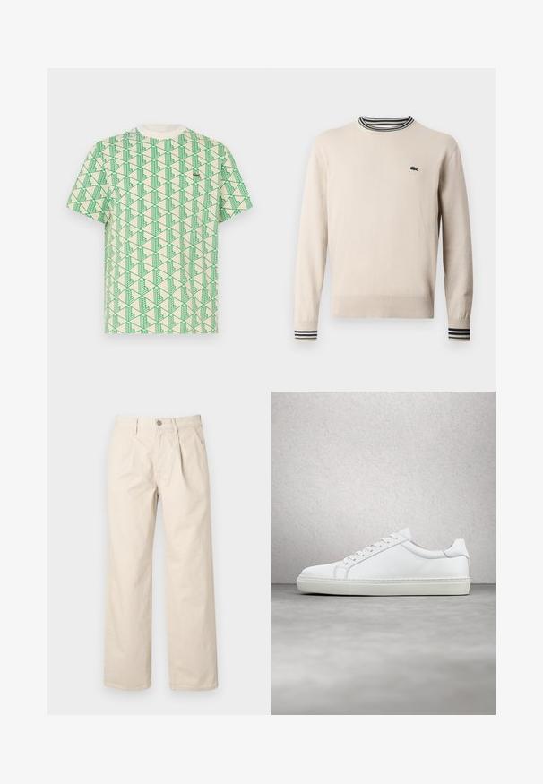Suéter beige hecho de tejido de punto, con un escote redondo, puños acanalados con rayas negras y verdes, y un pequeño logo en el pecho.; Camiseta de algodón con un patrón geométrico verde en todo el tejido sobre un fondo crema, con cuello redondo y mangas cortas.; Pantalones de pierna ancha beige con cintura alta, que cuentan con pliegues frontales, cierre con botón en la parte delantera y una suave tela de algodón.; Zapatilla blanca con parte superior de cuero liso y perfil bajo. Presenta una puntera redondeada, seis ojales y una suela de goma texturizada.