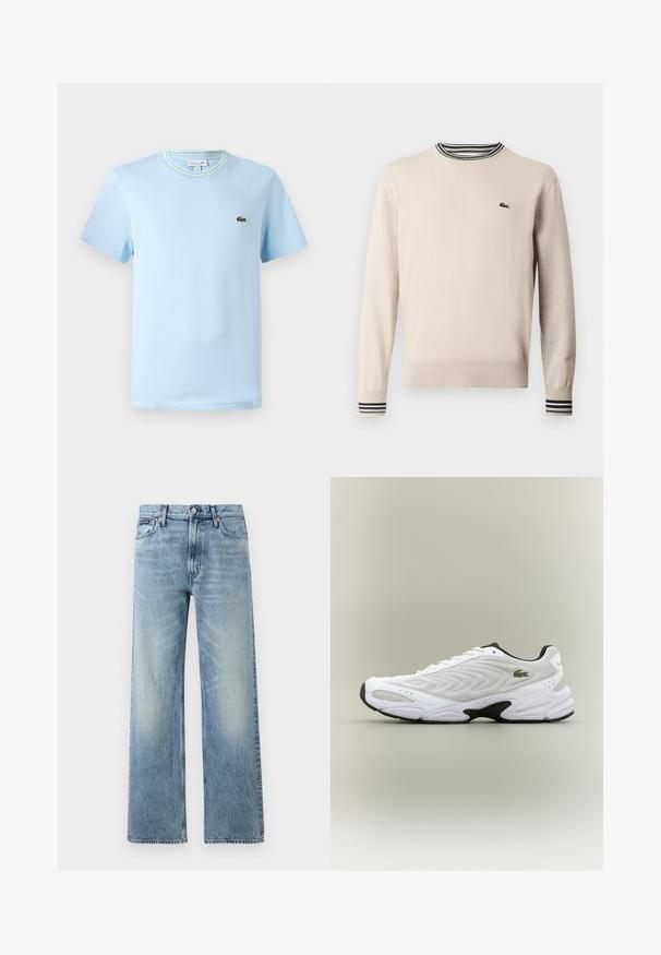 Suéter beige hecho de tejido de punto, con un escote redondo, puños acanalados con rayas negras y verdes, y un pequeño logo en el pecho.; Camiseta de algodón azul claro con mangas cortas, cuello redondo con un ribete de rayas verdes y blancas, y un pequeño logo bordado en el pecho.; Vaqueros de mezclilla azul claro de corte recto con cintura alta, cinco bolsillos, cierre de botón y sutil desgaste en los muslos y las rodillas.; Zapatilla deportiva blanca con parte superior de malla texturizada, diseño curvado y suela exterior negra en contraste. Presenta un logo verde bordado en el lateral.
