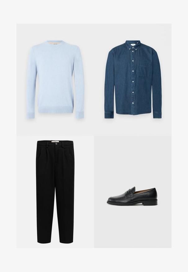 Lyseblå strikket sweater med rund hals, lange ærmer, ribbet manchetter og kant. Blød tekstur, enkelt design uden synlige mønstre eller detaljer.; Mørkeblå denimskjorte med knapper, lange ærmer, en forlommer til venstre og en knaplukket krave, vist på en hvid baggrund.; Sorte højtaljede bukser med lige ben, bæltestropper, for-plitter, sidelommer og knaplukning i taljen.; Sorte læder loafers med en rund tå, som har en frontrem detalje og en lav, solid hæl. Glat tekstur og elegant design.