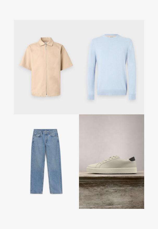 Pull tricoté bleu clair, col rond, manches longues, poignets et ourlet côtelés. Texture douce, design simple, sans motifs ni accents visibles.; Chemise beige à manches courtes avec col et fermeture éclair devant, présentée sur un fond clair uni.; Jeans en denim bleu clair avec une coupe droite, cinq poches et un délavage subtil. Comprend un bouton-pression et des détails de couture le long des coutures.; Baskets blanches avec semelle texturée et détail noir au talon, flottant au-dessus d'un banc en bois avec de hautes herbes vertes en arrière-plan.