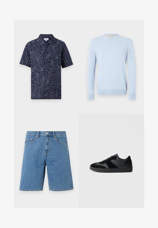 Pull tricoté bleu clair, col rond, manches longues, poignets et ourlet côtelés. Texture douce, design simple, sans motifs ni accents visibles.; Chemise homme bleu marine à manches courtes avec boutons, motifs abstraits blancs de feuilles en lignes et col.; Short en jean bleu longueur genou avec poches avant, passants de ceinture et fermeture par bouton sur un fond clair uni.; Baskets noires combinant cuir lisse et daim, avec une semelle en caoutchouc noire texturée et un détail de rayures discrètes.