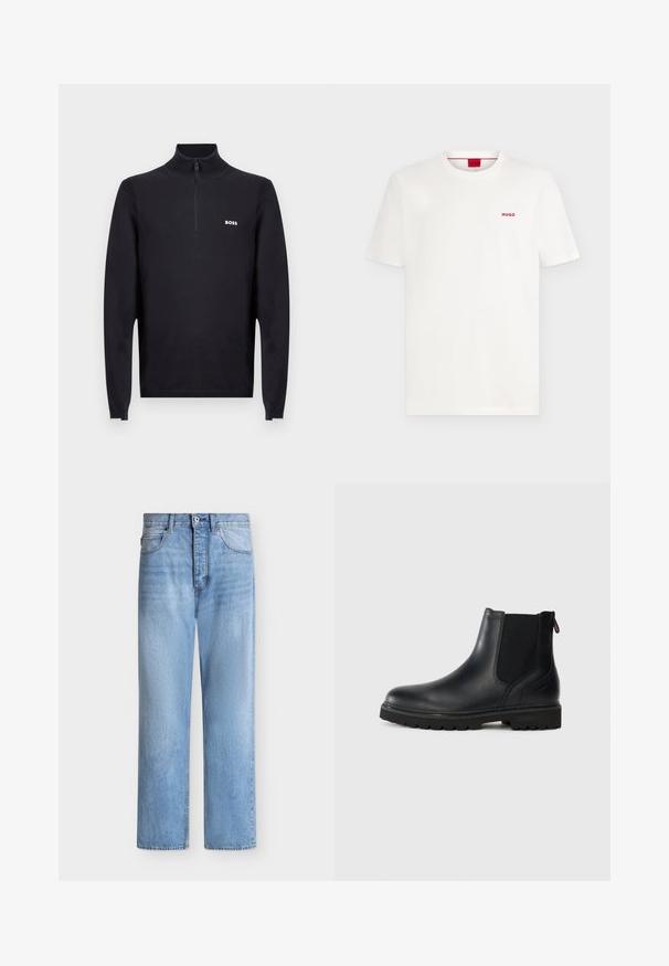 Schwarzer Strickpullover mit Reißverschluss am Hals aus festem Stoff, mit strukturiertem Kragen und Bündchen. "BOSS"-Logo auf der linken Brust.; Schlichtes weißes T-Shirt mit kurzen Ärmeln und Rundhalsausschnitt, kleinem roten "HUGO"-Logo auf der linken Brust und rotem Label im Kragen.; Hellblaue Jeans mit geradem Bein, Knopf- und Reißverschluss, vorne und hinten Taschen und Gürtelschlaufen am Bund.; Schwarze Leder-Stiefelette mit elastischen Seiteneinsätzen, runder Spitze und einer robusten Gummisohle mit tiefem Profil für optimalen Halt.