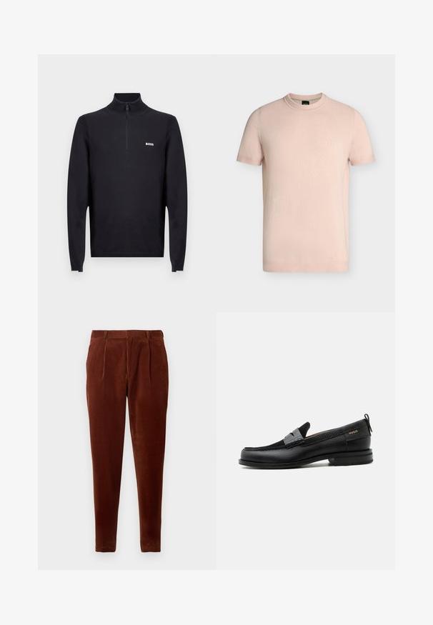 Sort sweater med lynlåshals lavet af ensartet stof, med tekstureret krave og manchetter. "BOSS"-logo vist på venstre bryst.; Lyserød T-shirt med korte ærmer og rund halsudskæring med broderet "BOSS" logo på venstre bryst.; Brune corduroy bukser med lige pasform, featuring frontfolder, to sidelommer og en glat tekstur. Velegnet til afslappet brug.; Sort læderloafer med grå remdetalje, lav hæl og tekstureret sål, mærket med "HUGO" i guld på siden.