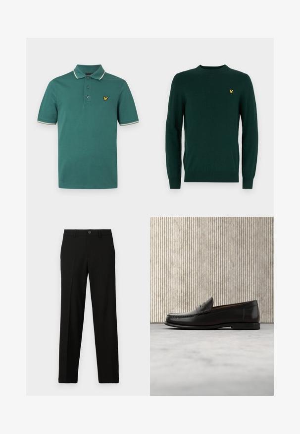 Pull vert en matériau doux, doté d'un col rond et de manches longues. Petit logo doré d'aigle sur la poitrine.; Polo en coton vert à coupe ajustée, avec patte de boutonnage à trois boutons et logo jaune brodé sur le côté gauche de la poitrine. Présente un biais de col contrastant blanc.; Pantalon noir en tissu lisse, avec une coupe droite, une fermeture à bouton à la taille, et sans motifs ni accents visibles.; Mocassin penny en cuir noir avec talon bas, bout arrondi et détails cousus à l'avant et sur les côtés, présenté sur un fond neutre.