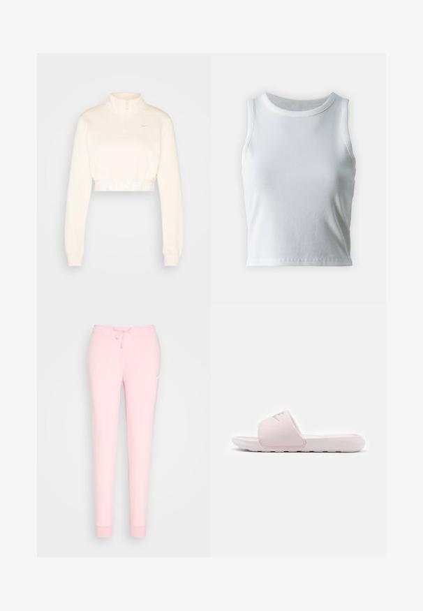 Sweatshirt cropped de couleur crème avec un col haut, fermeture à demi-zip, et logo "NIKE" en gris clair sur la ceinture. Texture douce.; Débardeur blanc côtelé avec un décolleté rond et sans manches, présentant un ourlet droit et une texture lisse et extensible.; Pantalons de survêtement rose clair avec une taille à cordon, jambes fuselées et logo brodé sur la cuisse. Texture de tissu douce et lisse.; Sandale en slide rose avec une semelle en caoutchouc flexible, une lanière rembourrée et un design minimaliste. Présente un logo sur la lanière et une texture lisse.