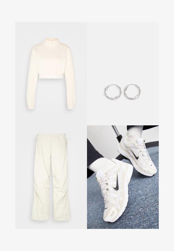 Gekürzter, cremefarbener Sweatshirt mit hohem Kragen, halbem Reißverschluss und "NIKE"-Logo in hellgrau am Saum. Weiche Textur.; BDG Urban Outfitters BAGGY - Stoffhose - cream; Weiße und beige Nike-Sneaker mit einem Obermaterial aus Mesh, strukturiertem Overlay, schwarzem Swoosh und einer gepolsterten Sohle mit rutschfester Außensohle.; Silberne Creolen mit einer welligen, unregelmäßigen Textur. Besitzen eine dünne, kreisförmige Form und eine reflektierende Oberfläche.