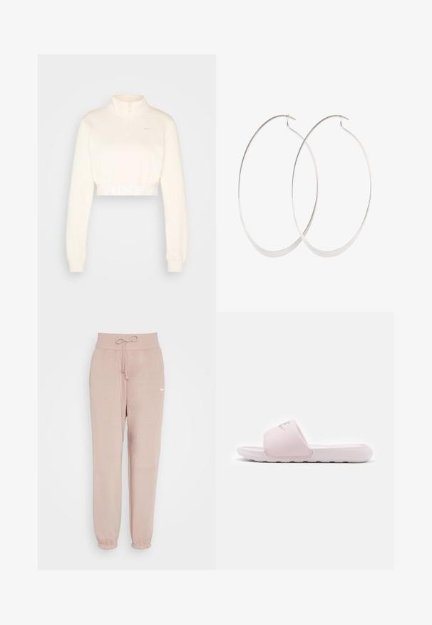Gekürzter, cremefarbener Sweatshirt mit hohem Kragen, halbem Reißverschluss und "NIKE"-Logo in hellgrau am Saum. Weiche Textur.; Nike Sportswear W PHNX FLC HR OS - Jogginghose - diffused taupe/sail; Rosa Rutschelsandale mit einer flexiblen Gummisohle, gepolstertem Riemen und minimalistischer Gestaltung. Mit einem Logo auf dem Riemen und glatter Textur.; Silberne Creolen mit einem dünnen, glatten Design; länglich-ovale Form; polierte Oberfläche; ausgestattet mit einem sicheren Hakenverschluss.