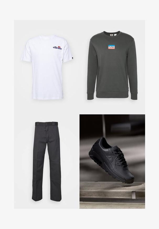 Šedá mikina s dlhými rukávmi, ribovanými manžetami a okrúhlym výstrihom. Na hrudi sa nachádza farebná logo Levi's v obdĺžnikovom dizajne.; Biela bavlnená tričko s krátkymi rukávmi, na ľavej hrudi s námornícko modrým vyšitým logom a živou farebnou akcentáciou nad logom.; Čierne nohavice z odolnej tkaniny, s rovnými nohavicami, pásom s pútkami na opasok a švami pre zvýraznenie textúry.; Čierne tenisky Nike Air Max s textúrovaným koženým zvrškom, gumovou podrážkou a výrazným šnurovacím systémom, ktoré predvádzajú štýlový, moderný dizajn.