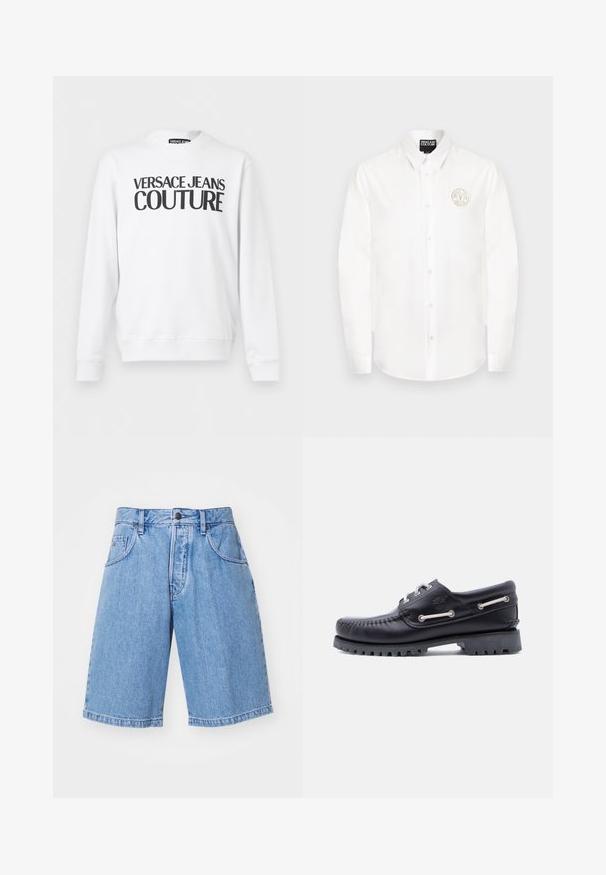 Valkoinen pitkähihainen collegpaita, jossa on musta "Versace Jeans Couture" -teksti rinnassa.; Valkoinen pitkähihaisen napillisen paidan, jossa on terävä kaulus ja Versace Jeans Couture -pyöreä logo vasemmassa rinnassa.; Vaaleansiniset farkkushortsit suoran leikkauksen omaavina, joissa on kaksi etutaskua ja yksittäinen nappikiinnitys vyötäröllä. Siisti, tasainen pinta.; Musta nahkakenkä veneilyyn, tikattuja yksityiskohtia, kumipohja ja metalliset reiät valkoisilla nauhoilla. Sivussa korostettu logo.