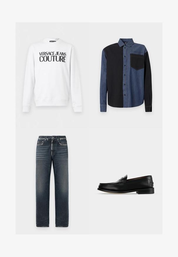 Witte sweater met lange mouwen en ronde hals, met zwarte tekst "Versace Jeans Couture" gedrukt op de borst.; Overhemd met knopen en een gesplitst ontwerp: de linkerzijde is zwart, de rechterzijde is denim blauw, met een borstzak en een merkteken erboven.; Donkerblauwe spijkerbroek met een relaxed fit, met subtiele vervaging, een rechte pijp en een klassiek vijf-pocket ontwerp.; Zwarte leren herenloafer met een lage hak en mocassinstiksels op de teen, zijaanzicht op een effen achtergrond.