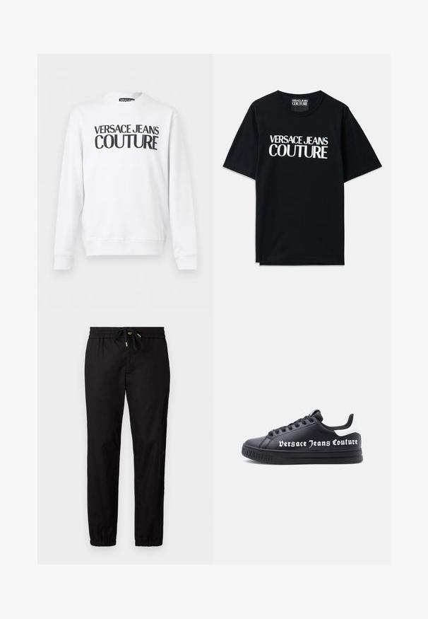 Weißes langärmliges Sweatshirt mit Rundhalsausschnitt und schwarzem "Versace Jeans Couture"-Schriftzug quer über der Brust.; Schwarzes Baumwoll-T-Shirt mit kurzen Ärmeln, das auf der Vorderseite den großen weißen Text "VERSACE JEANS COUTURE" trägt. Klassisches Rundhalsdesign.; Schwarze Hose mit einem elastischen Bund und Kordelzug. Hat schmal zulaufende Beine mit elastischen Bündchen. Glattes, leichtes Material.; Schwarzer niedriger Sneaker mit schwarzen Schnürsenkeln, weißem Fersenriemen und "Versace Jeans Couture"-Text an der Seite sowie geprägt auf der Sohle.